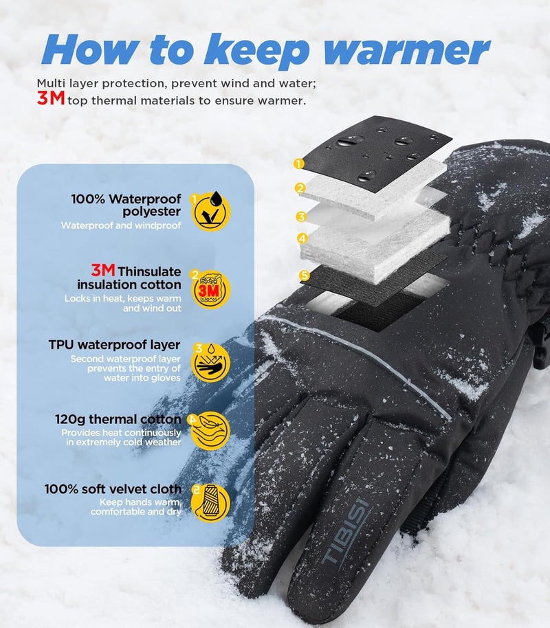TIBISI Waterproof Winter Ski Gloves Thermal -10F, 3M Thinsulate Thick Warm Windproof Snow Touch Screen Anti-Slip for Skiing Cold Weather Cycling Hiking for Men Women - Image 2